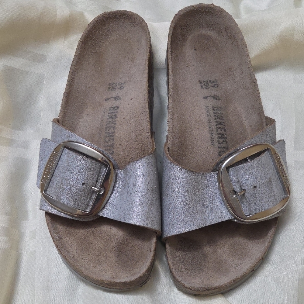 Birkenstock Leather Metallic Silver Big Madrid Buckle Sandals